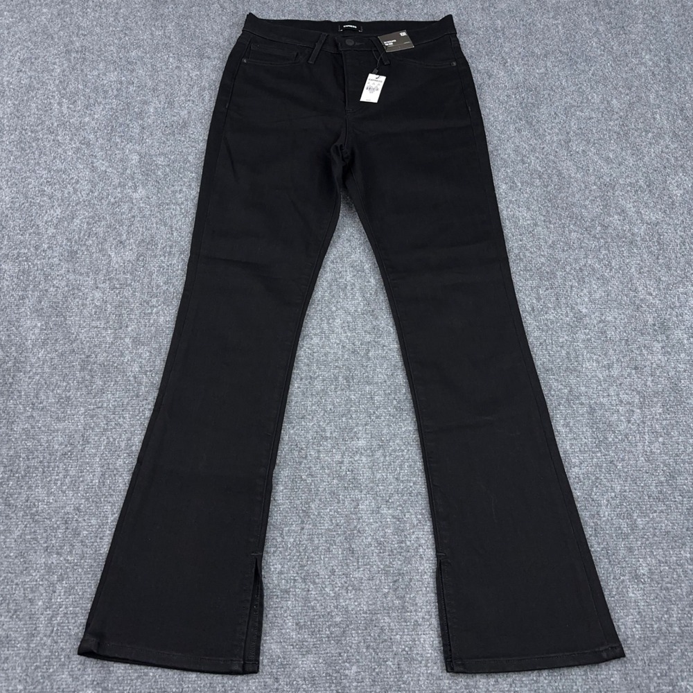 NEW Express Skyscraper Mid Rise Jeans Womens 10R Black Split Hem Flare Boho